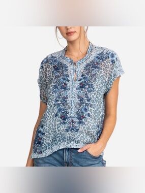 Johnny Was Bluewell Animal Printed Silk Chiffon Sz S